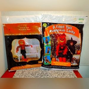 Vintage 1997 6 Foot Tall Pumpkin Man & Women.Halloween Decoration Bag Leaves New